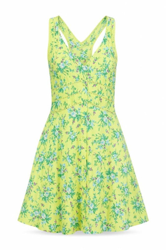 Front view of ASOS women’s green floral polyester tank dress, size UK 6, v-neck button