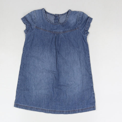 Matalan Girls Blue Cotton T-Shirt Dress Size 2-3 Years Round Neck Button