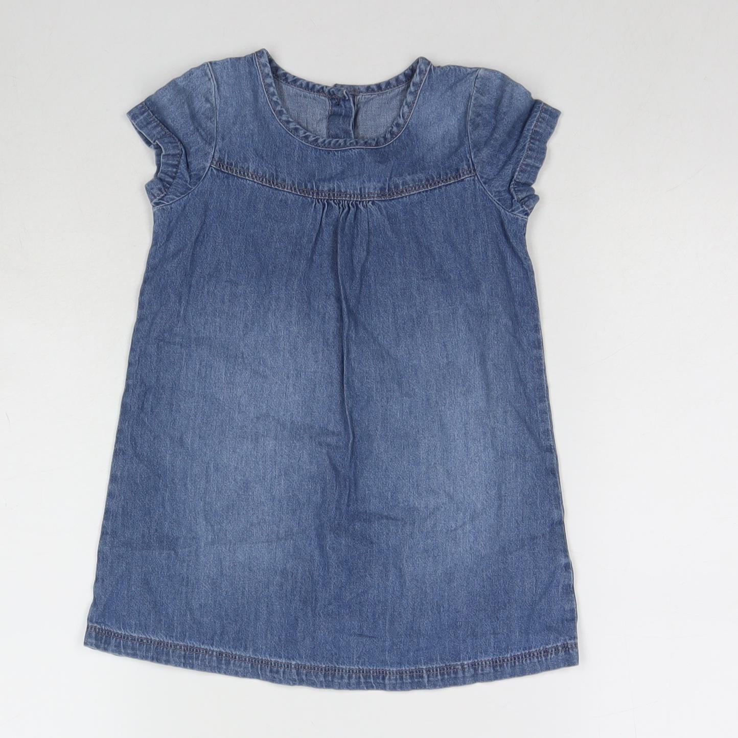 Matalan Girls Blue Cotton T-Shirt Dress Size 2-3 Years Round Neck Button