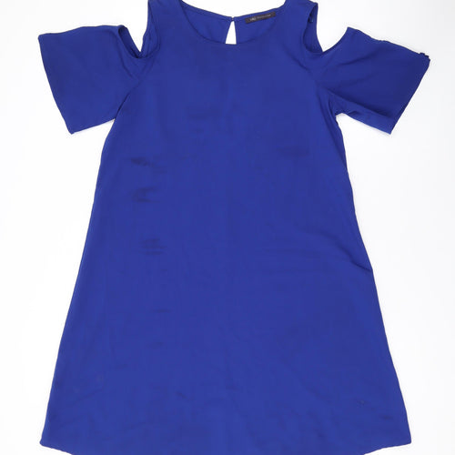 Marks and Spencer Womens Blue Polyester A-Line Size 10 Round Neck Button