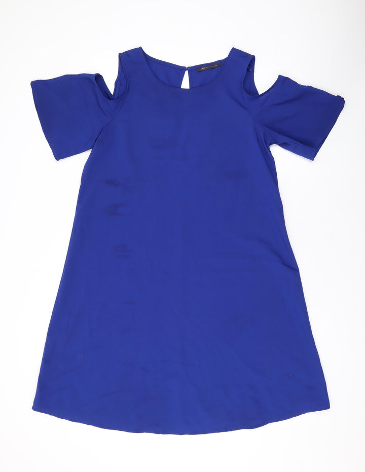 Marks and Spencer Womens Blue Polyester A-Line Size 10 Round Neck Button