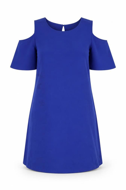 Front view of Marks & Spencer women’s blue polyester a-line, size UK 10, round neck button
