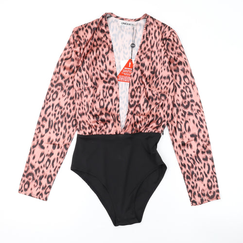 Unique 21 Womens Pink Animal Print Polyester Bodysuit One-Piece Size 8 L10 in Snap