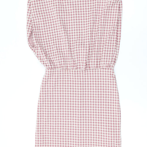 Zara Womens Pink Check Cotton Bodycon Size S Round Neck Button