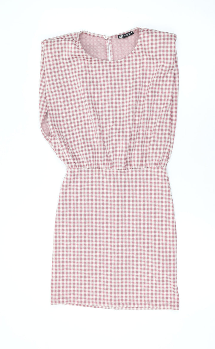 Zara Womens Pink Check Cotton Bodycon Size S Round Neck Button