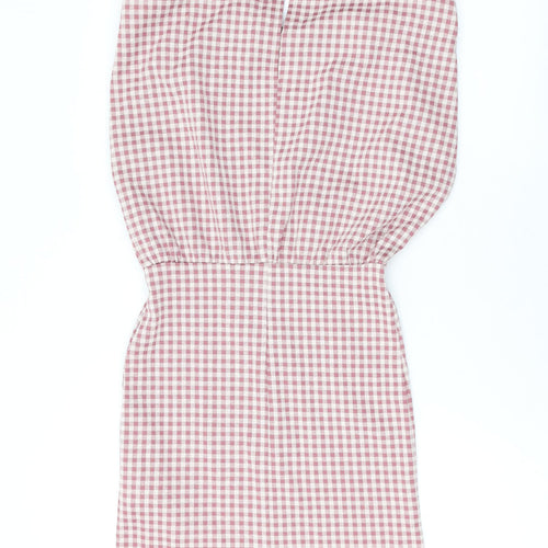 Zara Womens Pink Check Cotton Bodycon Size S Round Neck Button