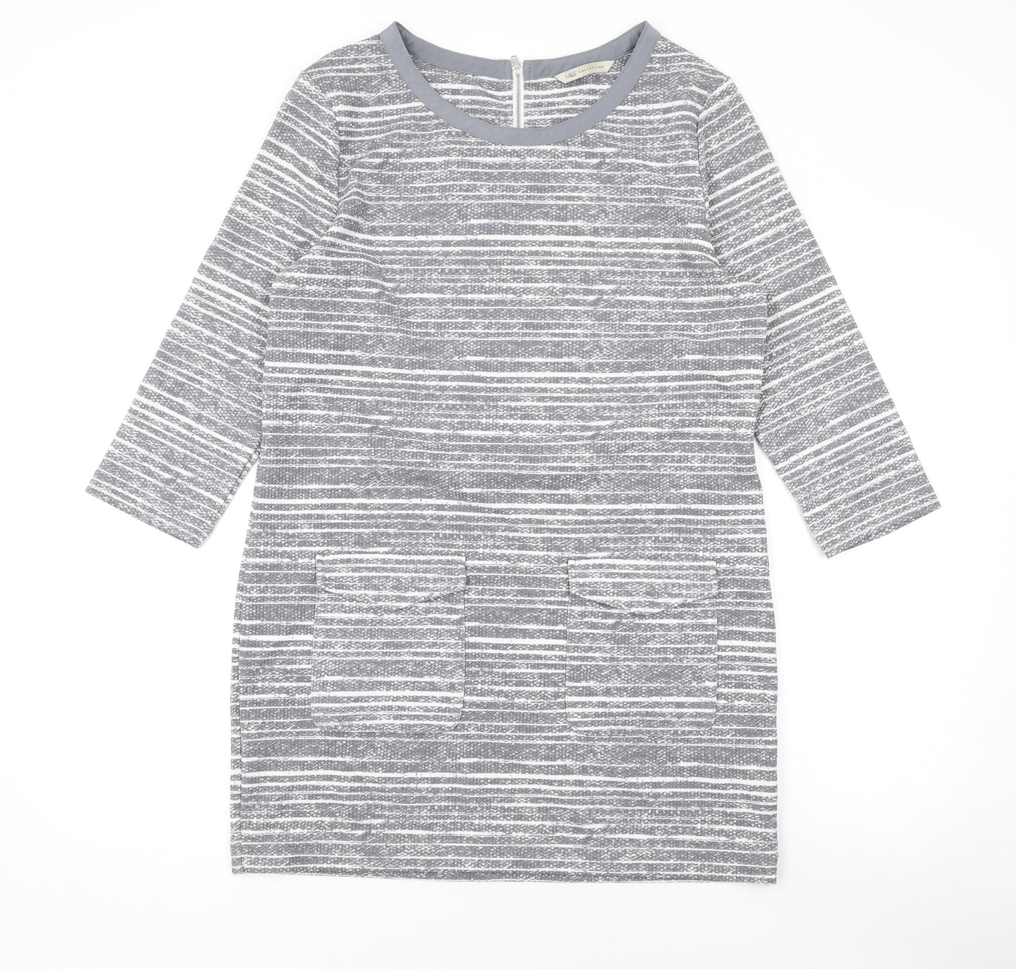 Marks and Spencer Womens Grey Striped Polyester Bodycon Size 12 Round Neck Zip