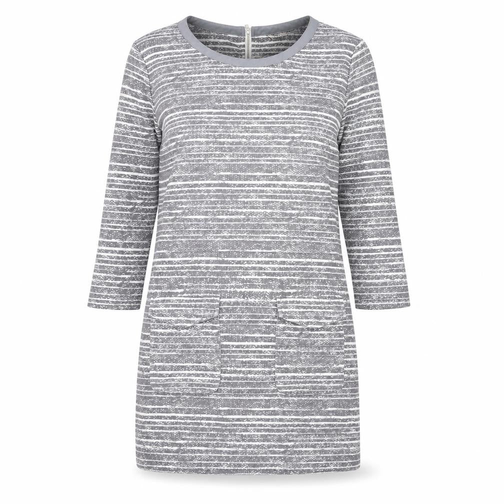 Front view of Marks & Spencer women’s grey striped polyester bodycon, size UK 12, round neck zip