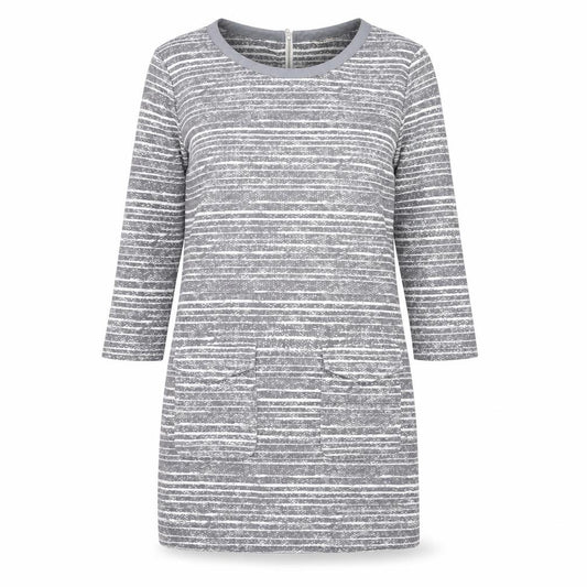 Front view of Marks & Spencer women’s grey striped polyester bodycon, size UK 12, round neck zip