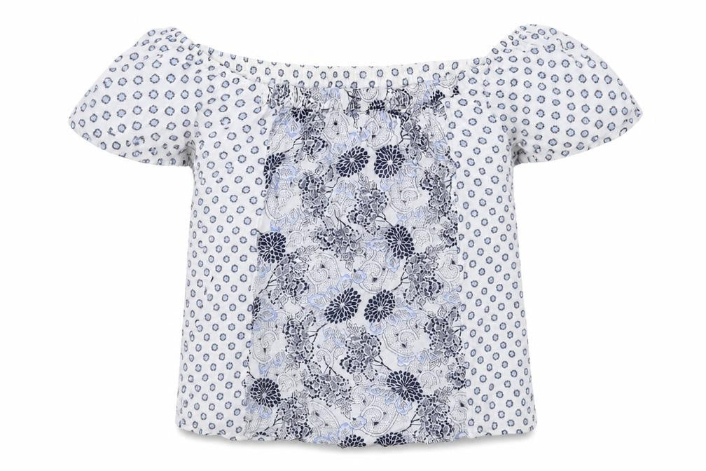 Front view of Dorothy Perkins women’s white geometric polyester basic blouse, size UK 12, off the shoulder
