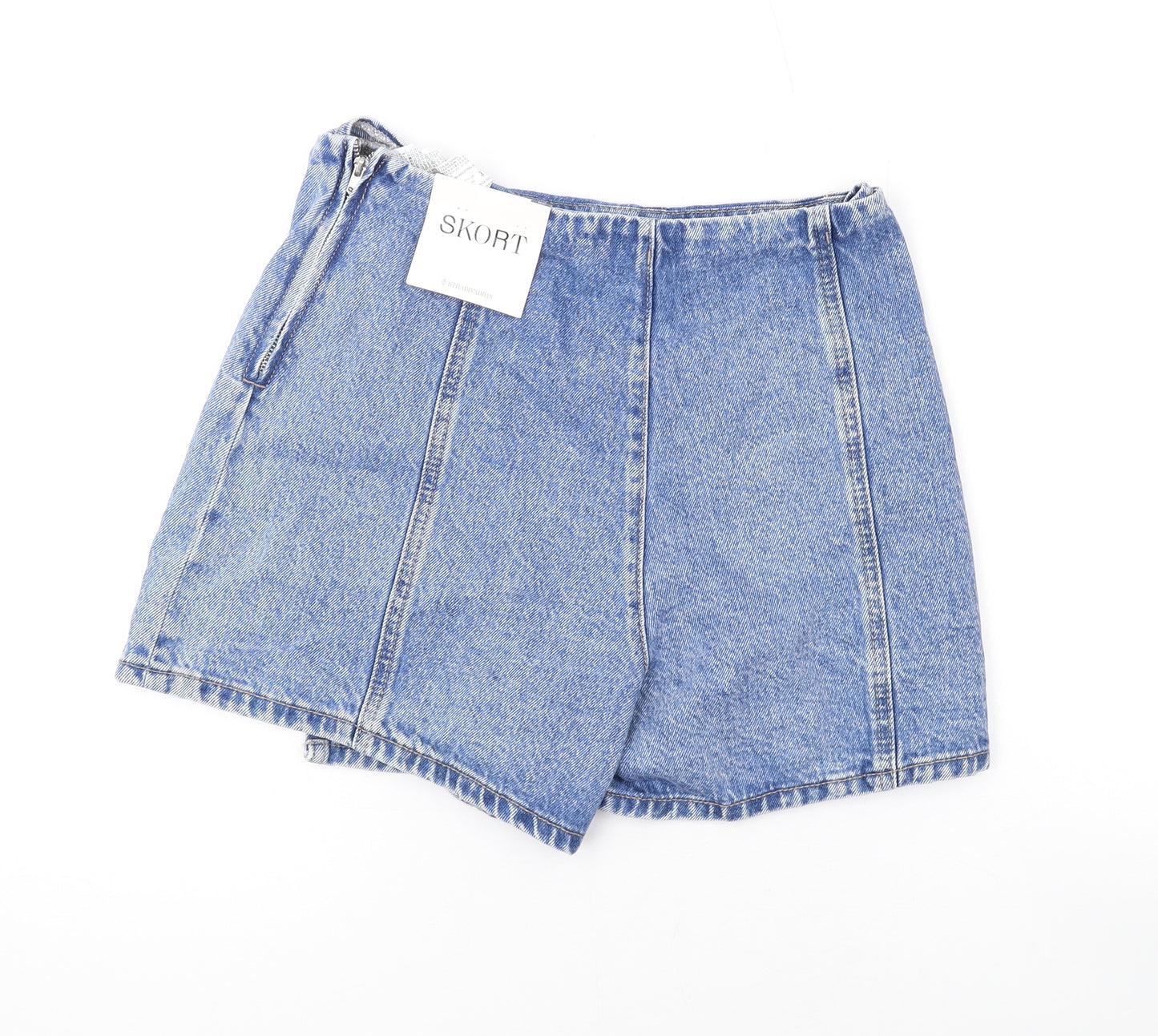 Stradivarius Womens Blue Cotton Skort Skirt Size 10 Zip