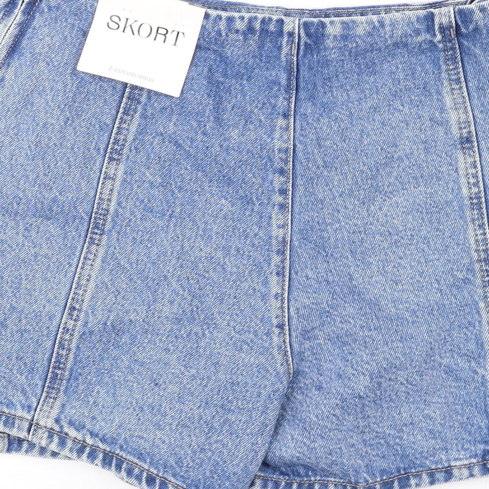 Stradivarius Womens Blue Cotton Skort Skirt Size 10 Zip