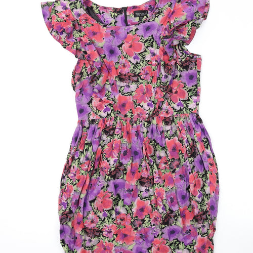 Topshop Womens Pink Floral Viscose A-Line Size 12 Round Neck Zip