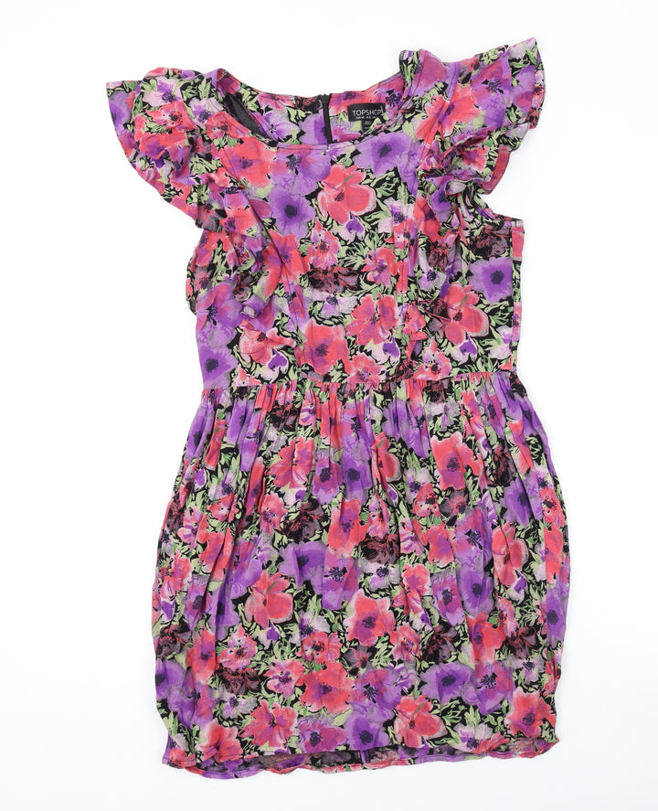 Topshop Womens Pink Floral Viscose A-Line Size 12 Round Neck Zip