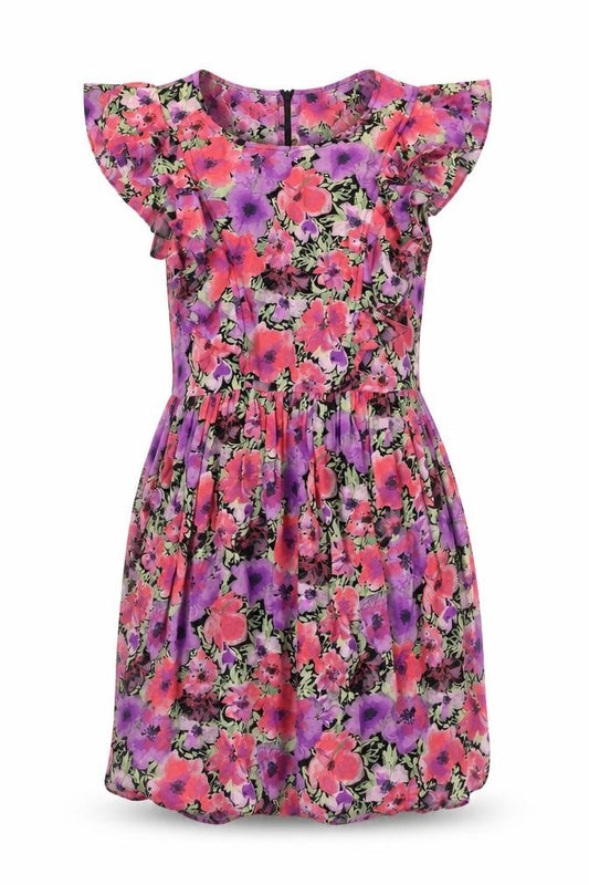 Front view of Topshop women’s pink floral viscose a-line, size UK 12, round neck zip