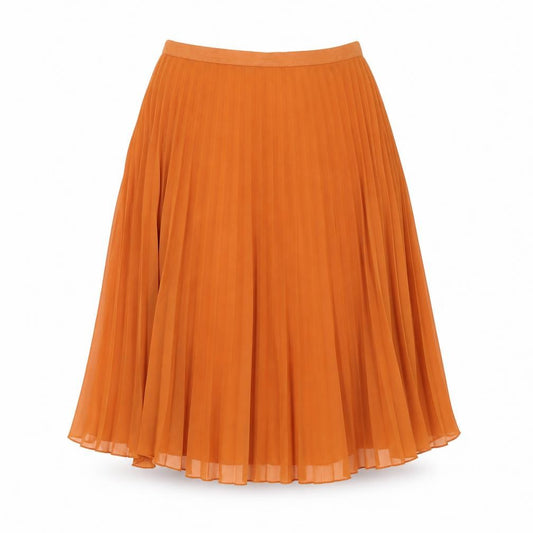 Front view of Jane Norman women’s orange polyester pleated skirt, size UK 8, zip