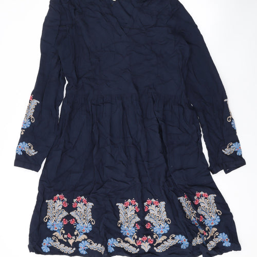 Cream Womens Blue Floral Viscose A-Line Size 10 V-Neck Pullover - Embroidery