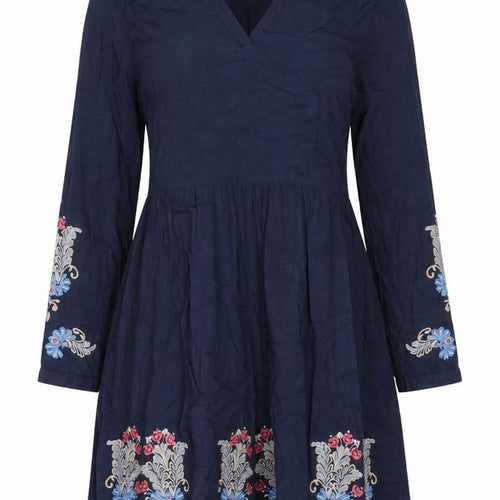 Cream Womens Blue Floral Viscose A-Line Size 10 V-Neck Pullover - Embroidery