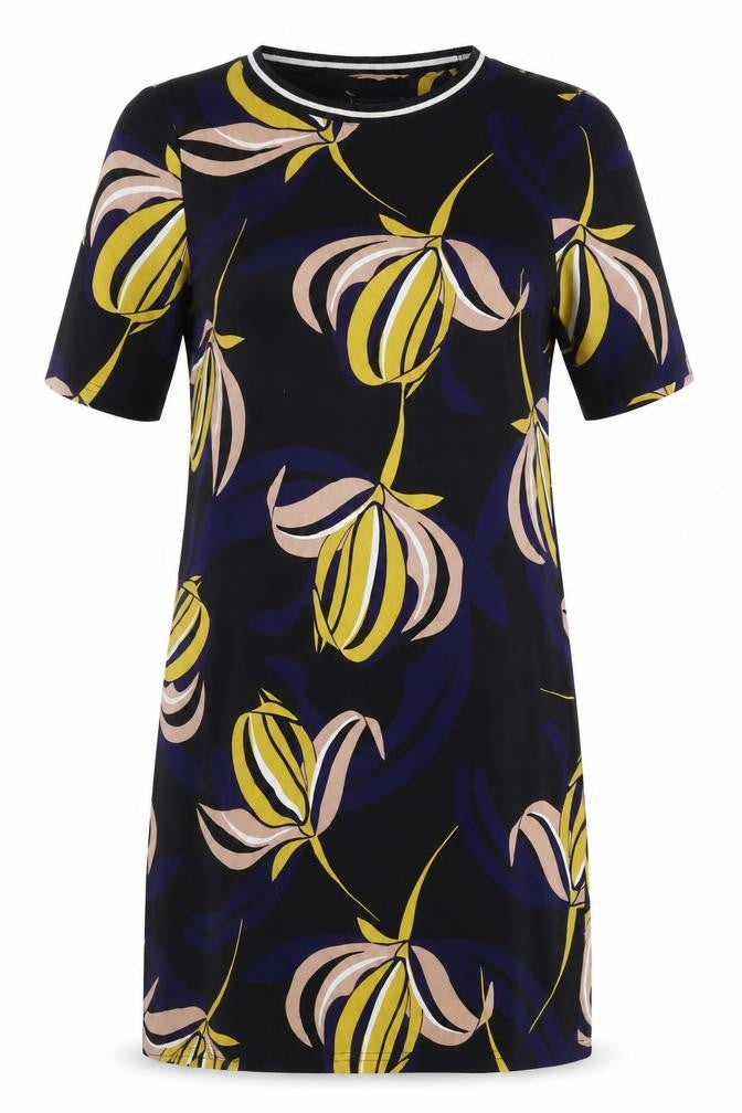 Marks and Spencer Womens Black Geometric Polyester T-Shirt Dress Size 12 Round Neck Pullover