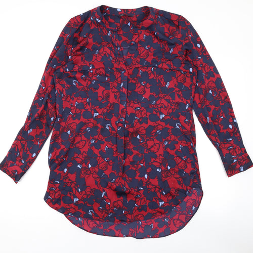 Marks and Spencer Womens Red Floral Polyester Basic Button-Up Size 10 V-Neck
