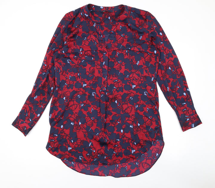 Marks and Spencer Womens Red Floral Polyester Basic Button-Up Size 10 V-Neck