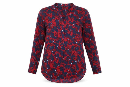 Front view of Marks & Spencer women’s red floral polyester basic button-up, size UK 10, v-neck