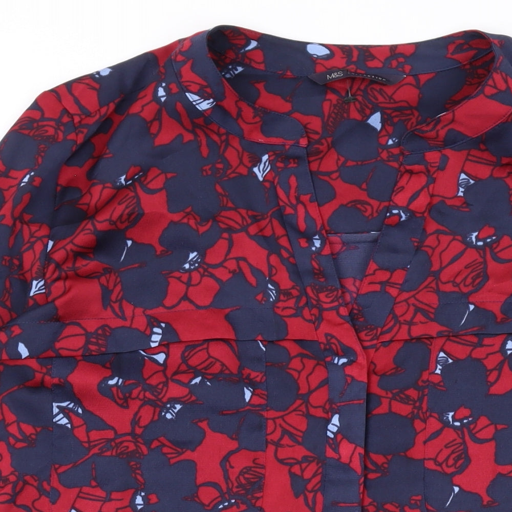 Marks and Spencer Womens Red Floral Polyester Basic Button-Up Size 10 V-Neck
