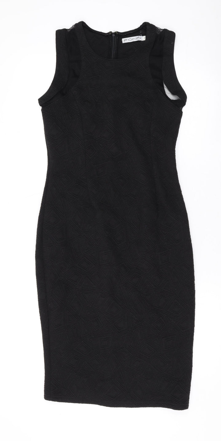 FOND Womens Black Geometric Cotton Bodycon Size 12 Square Neck Zip