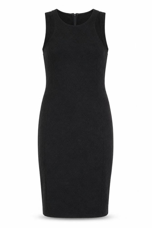 Front view of FOND women’s black geometric cotton bodycon, size UK 12, square neck zip