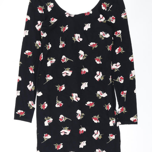 Miss Selfridge Womens Black Floral Cotton Bodycon Size 12 Scoop Neck Pullover