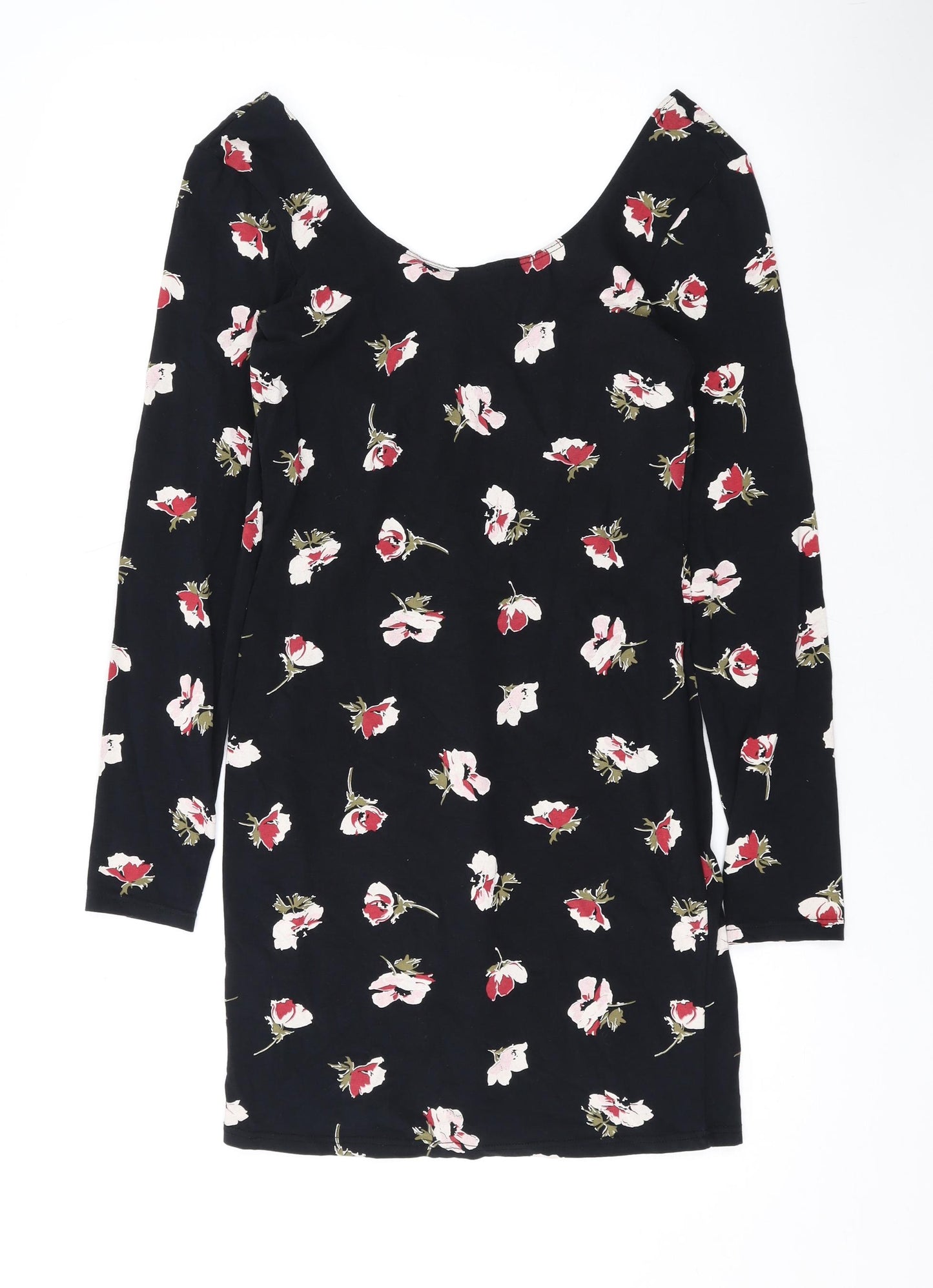 Miss Selfridge Womens Black Floral Cotton Bodycon Size 12 Scoop Neck Pullover