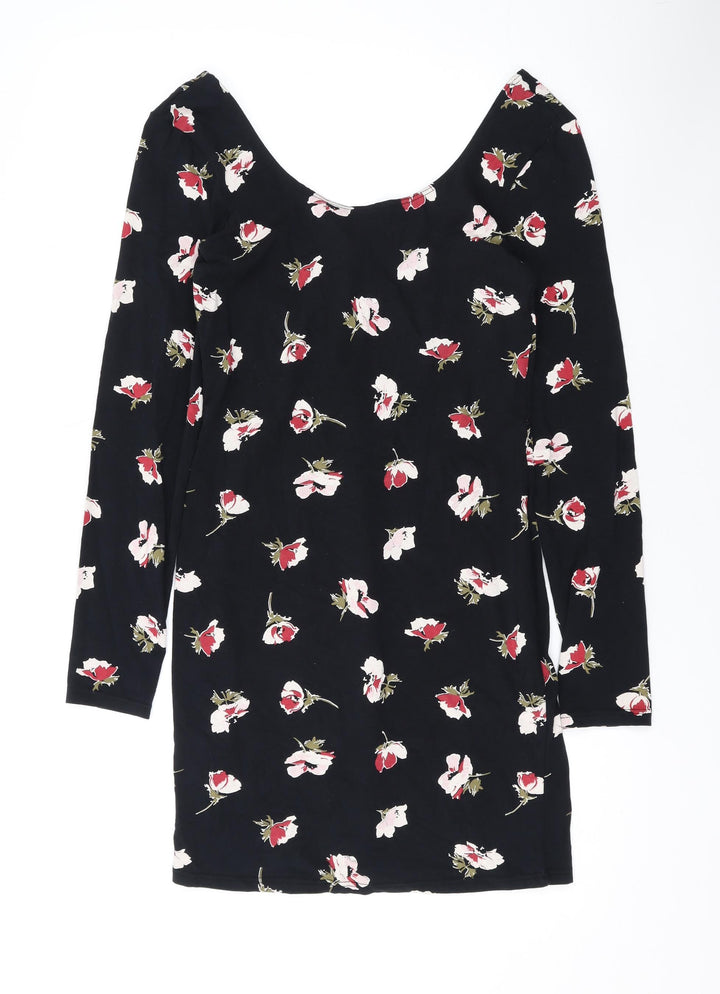 Miss Selfridge Womens Black Floral Cotton Bodycon Size 12 Scoop Neck Pullover