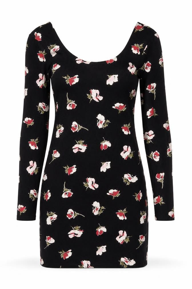 Miss Selfridge Womens Black Floral Cotton Bodycon Size 12 Scoop Neck Pullover
