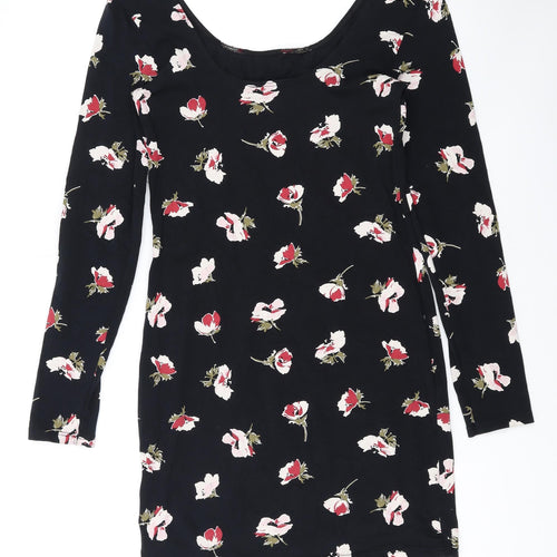 Miss Selfridge Womens Black Floral Cotton Bodycon Size 12 Scoop Neck Pullover