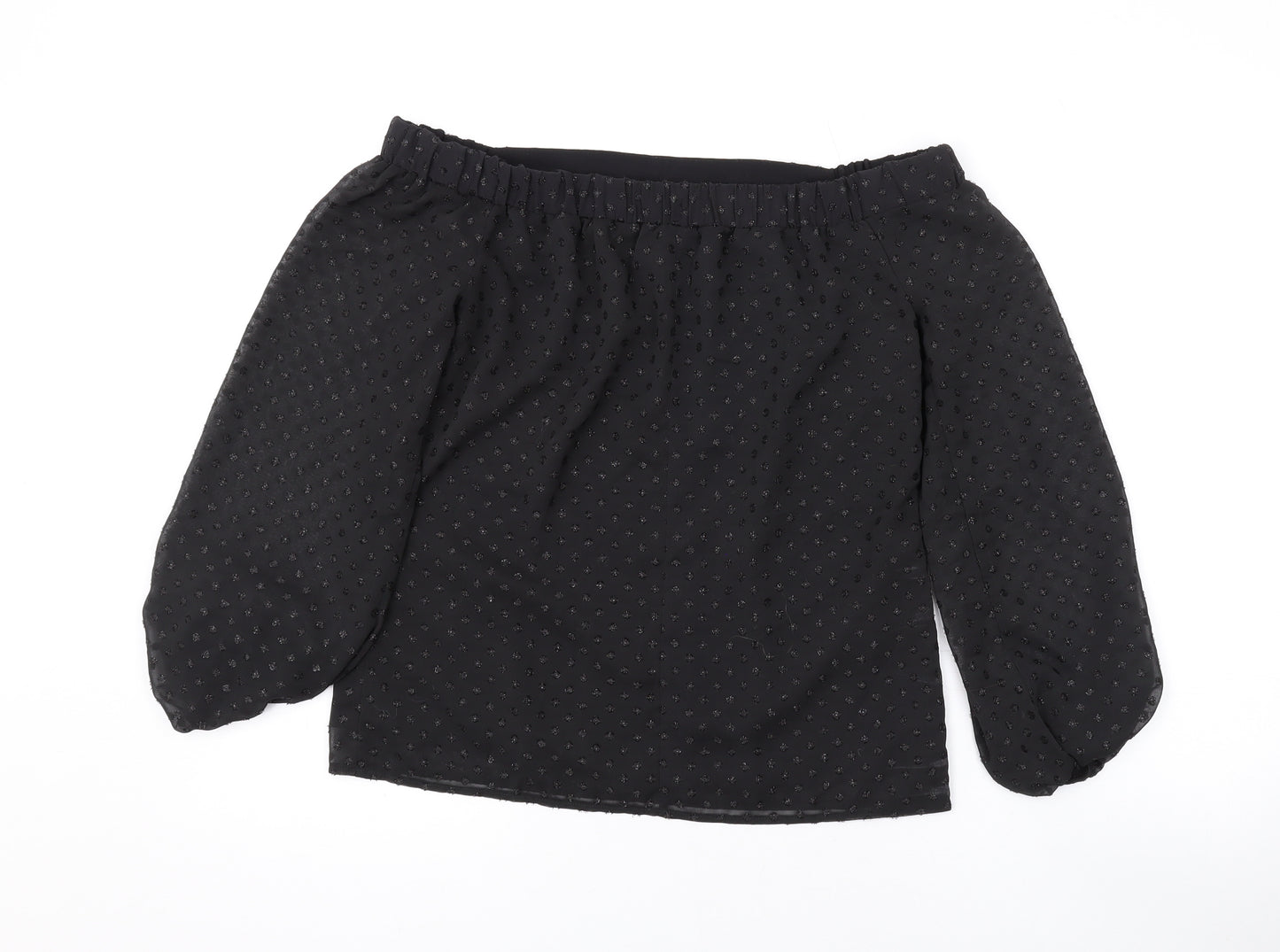 Oasis Womens Black Polka Dot Polyester Basic Blouse Size 8 Off the Shoulder - Sparkle