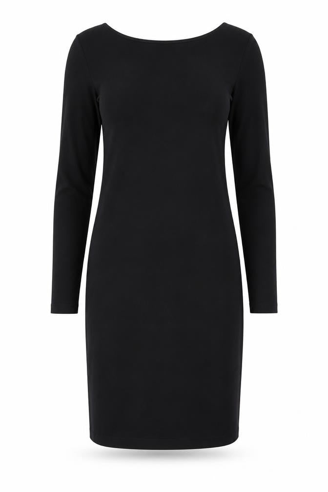 Front view of H&M women’s black viscose bodycon, size S, round neck pullover
