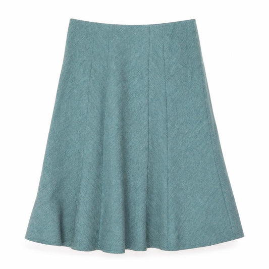 Front view of EWM women’s green polyester swing skirt, size UK 16, zip