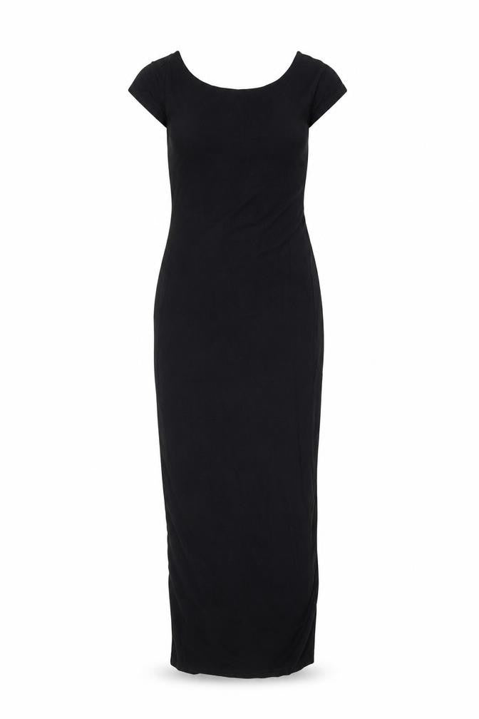 Front view of Garage women’s black modal maxi, size XS, round neck pullover - backless