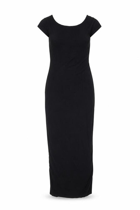Front view of Garage women’s black modal maxi, size XS, round neck pullover - backless
