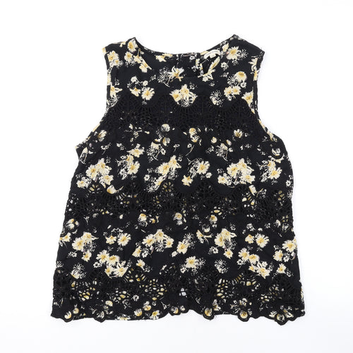 River Island Womens Black Floral Cotton Basic Tank Size 10 Round Neck