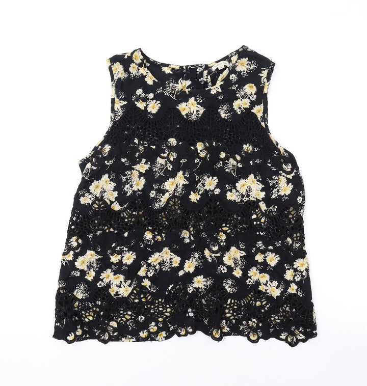 River Island Womens Black Floral Cotton Basic Tank Size 10 Round Neck