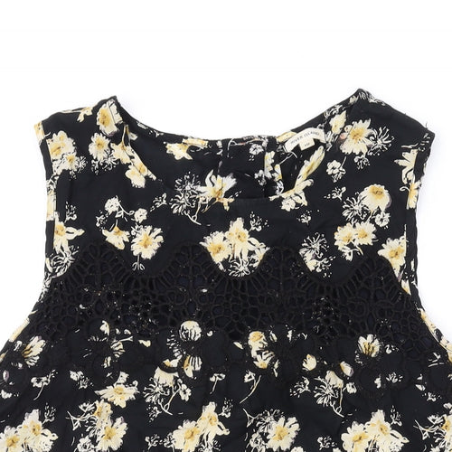 River Island Womens Black Floral Cotton Basic Tank Size 10 Round Neck