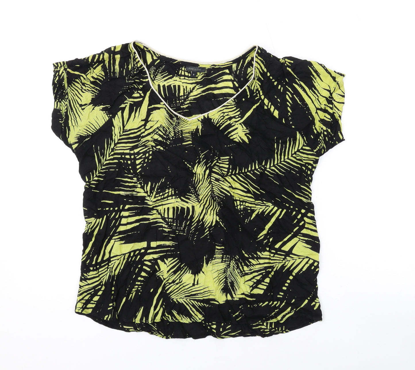 River Island Womens Black Geometric Polyester Basic T-Shirt Size 8 V-Neck - Leaf Print