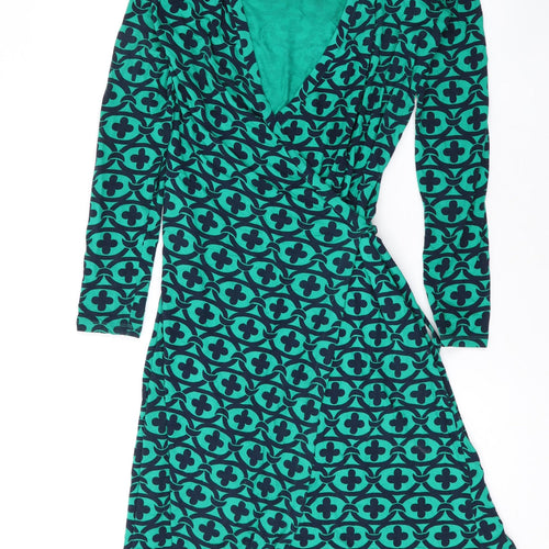 Boden Womens Green Geometric Viscose Wrap Dress Size 8 V-Neck Tie