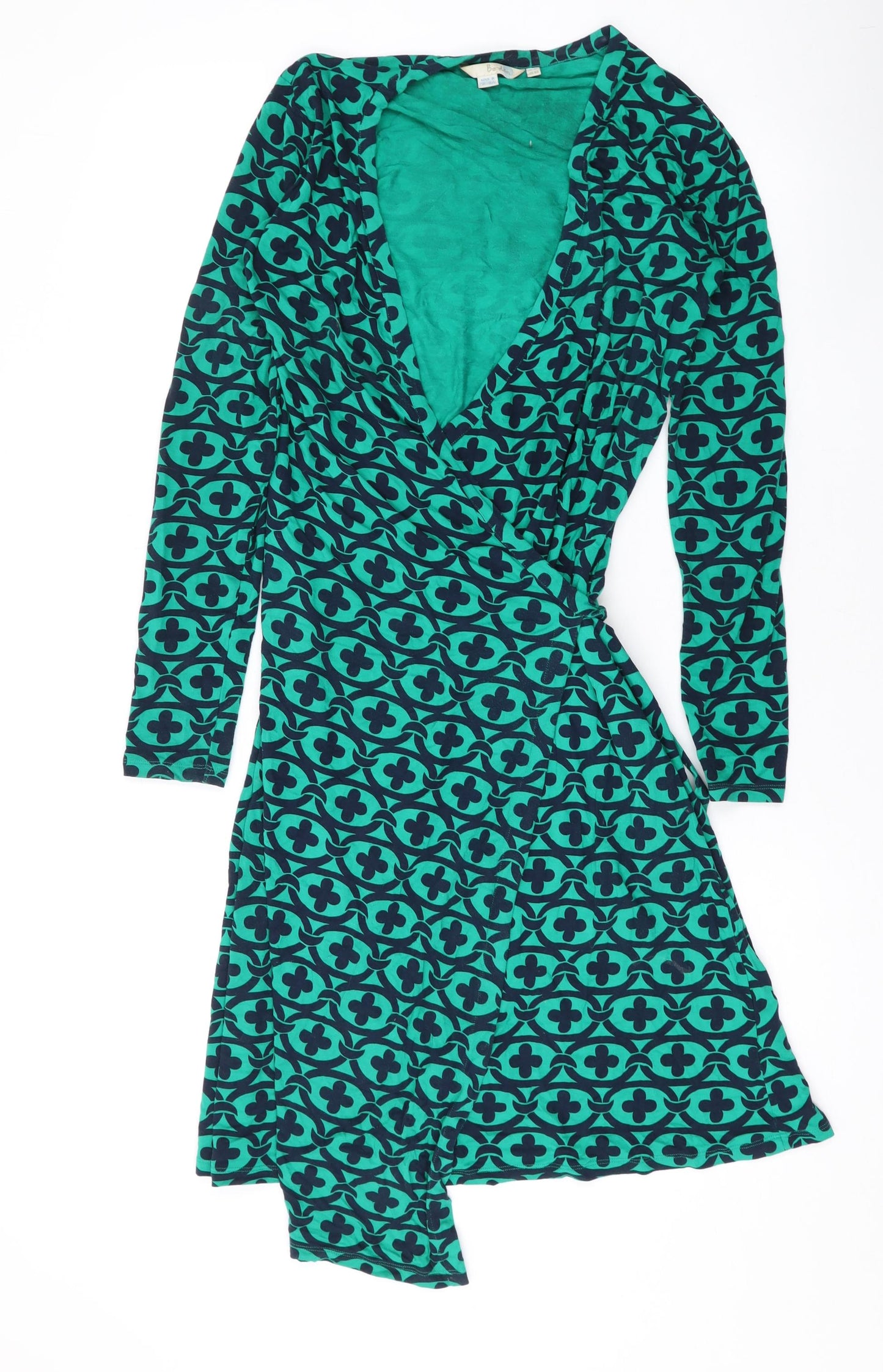 Boden Womens Green Geometric Viscose Wrap Dress Size 8 V-Neck Tie