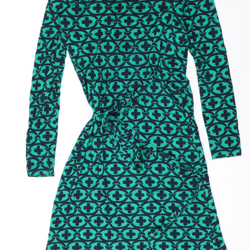 Boden Womens Green Geometric Viscose Wrap Dress Size 8 V-Neck Tie