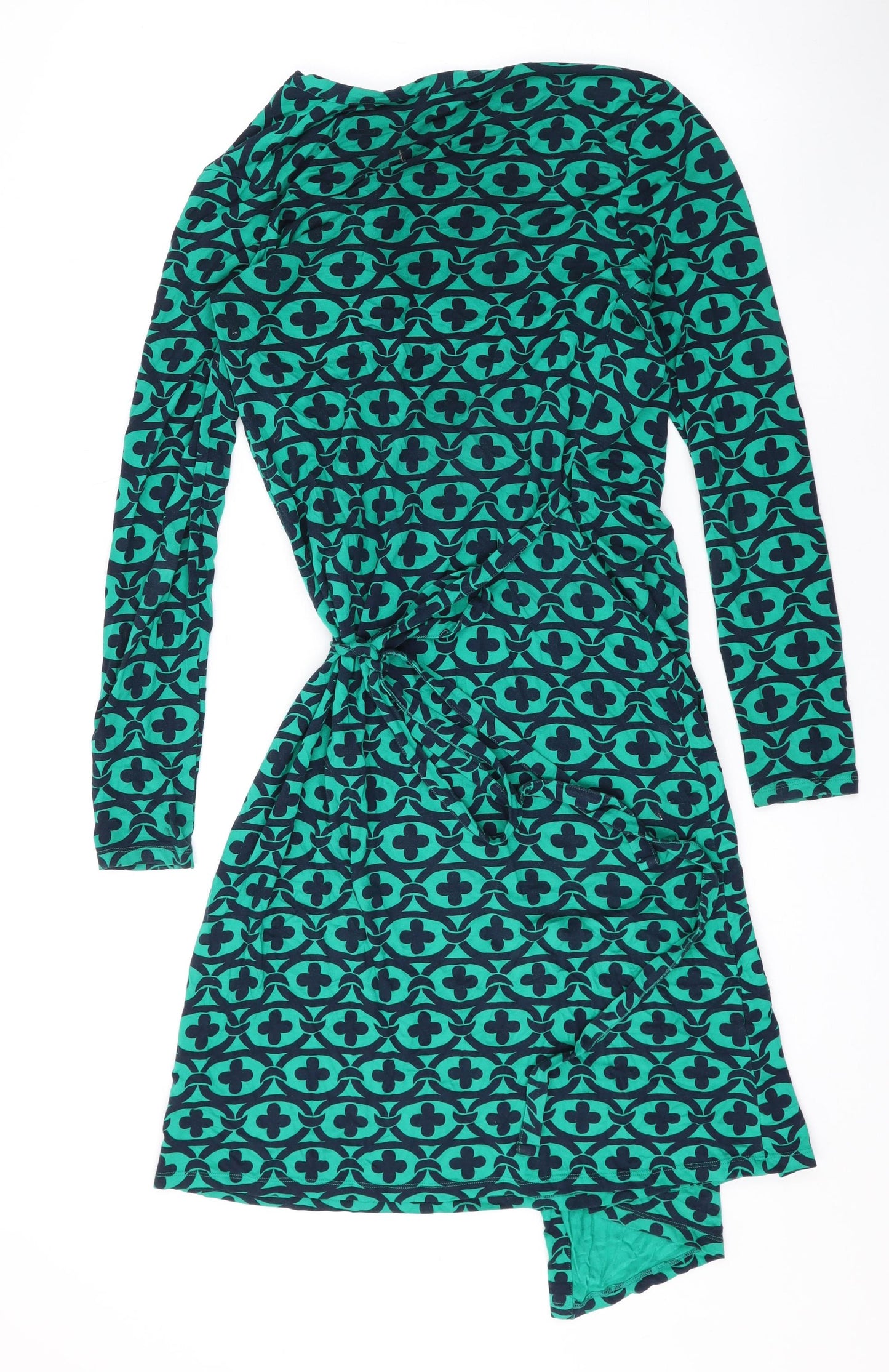 Boden Womens Green Geometric Viscose Wrap Dress Size 8 V-Neck Tie