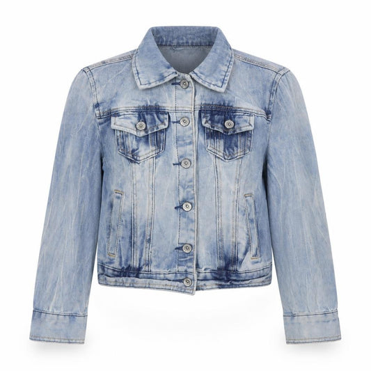 Front view of Denim & Co. women’s blue jacket, size UK 8, button