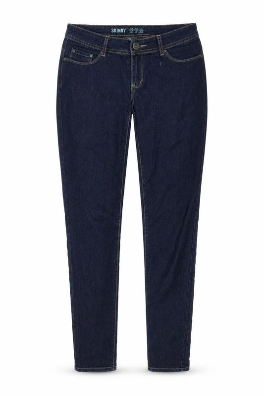 Front view of Denim & Co. women’s blue cotton skinny jeans, size UK 10, 32-inch leg regular zip