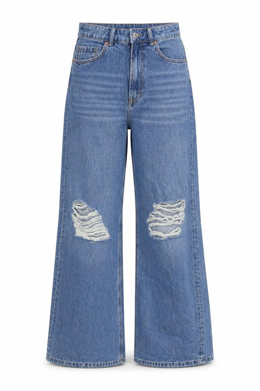 Front view of Divided women’s blue cotton bootcut jeans, size UK 8, 32-inch leg regular zip